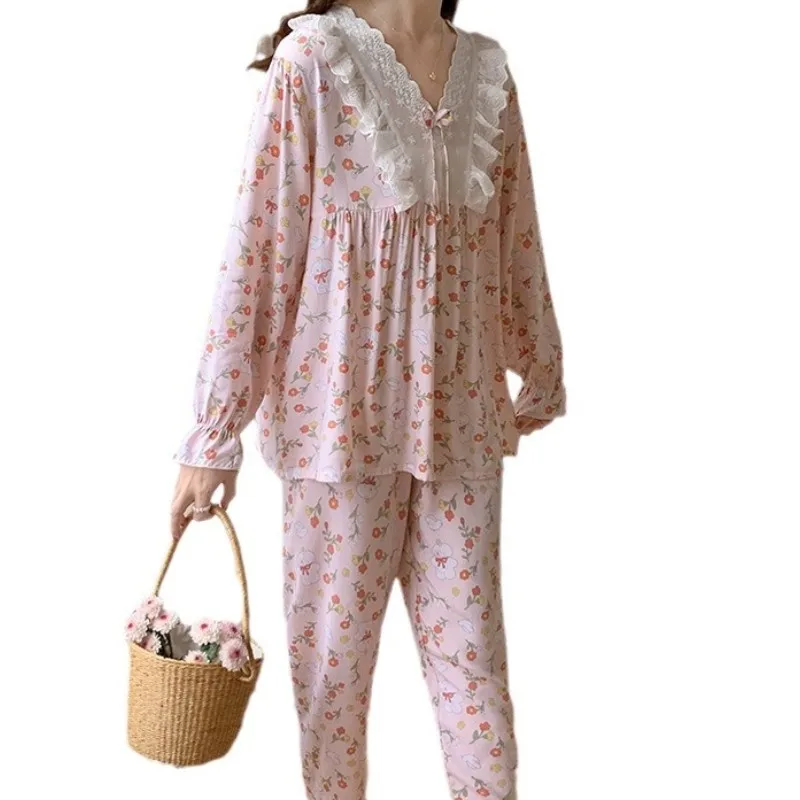 Long Sleeved Long Pants Pajamas Two-piece Set Thin Print Sleepwear V-neck Lace Cotton Silk Home Furnishings Clothing for Women