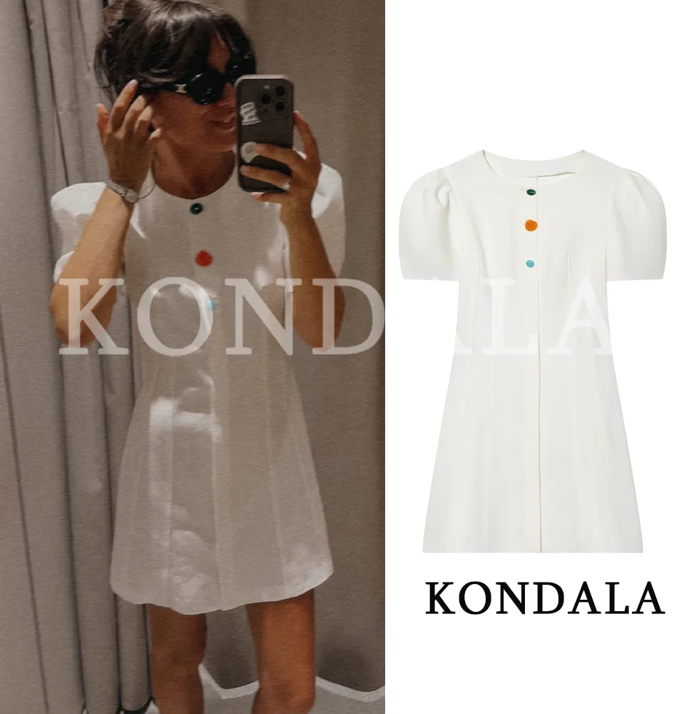 KONDALA Damen Trendiges Weißes Mini-Kleid O-Ausschnitt Kurze Puffärmel Knopfkleid Neue Mode 2026 Frühling Sommer Strand Urlaubskleid