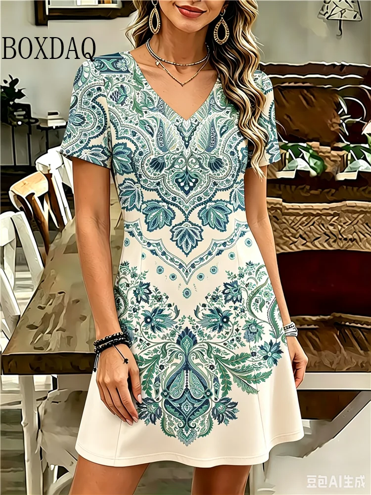Women's Ethnic Pattern Paisley Print Dress Summer Vintage Short Sleeve Loose Casual V-Neck Fashion Plus Size Dress 2026 New