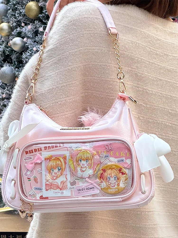 

Japanese Original Sweet Satin College Style Girl Daily Versatile Small Food Portable Messenger Transparent Lta Bag for Women