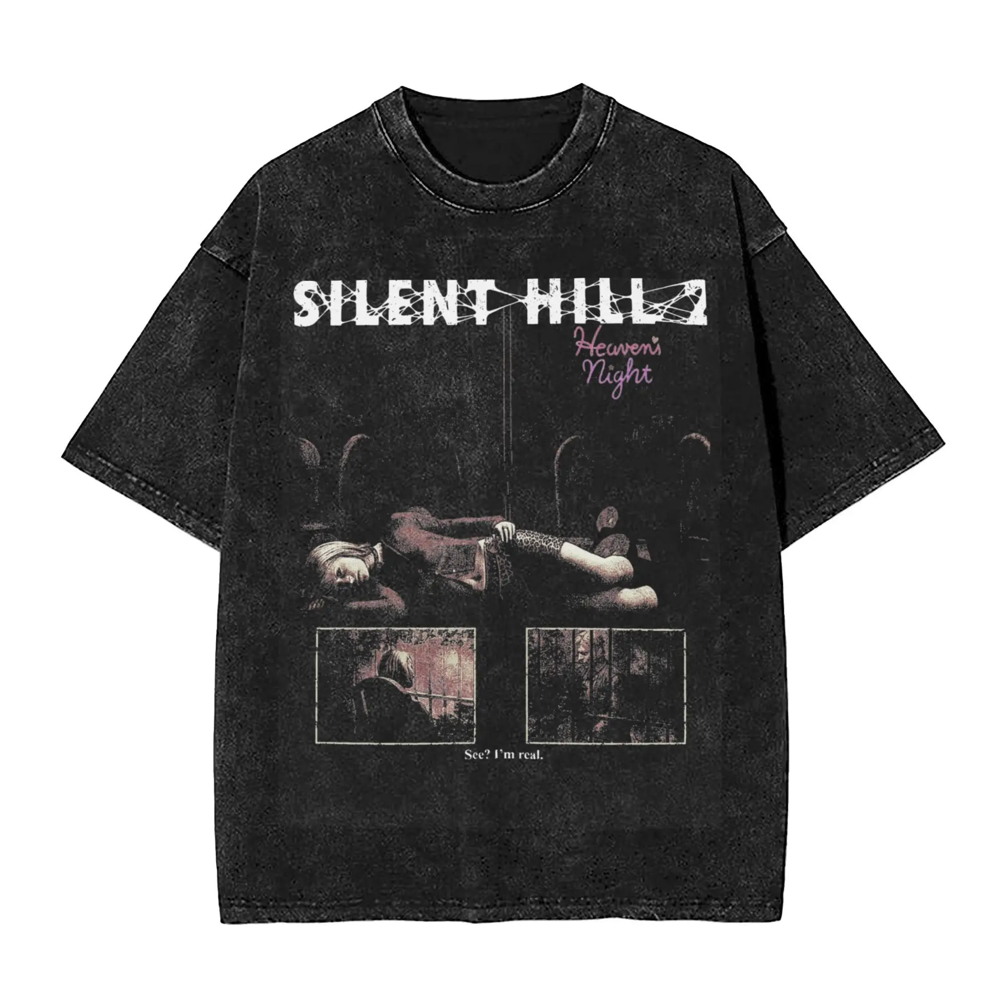Washed T Shirts Horror Silent Hill Heavens Night Hip Hop T-Shirt Street Streetwear Short Sleeve Printed Tops Tees Men Women