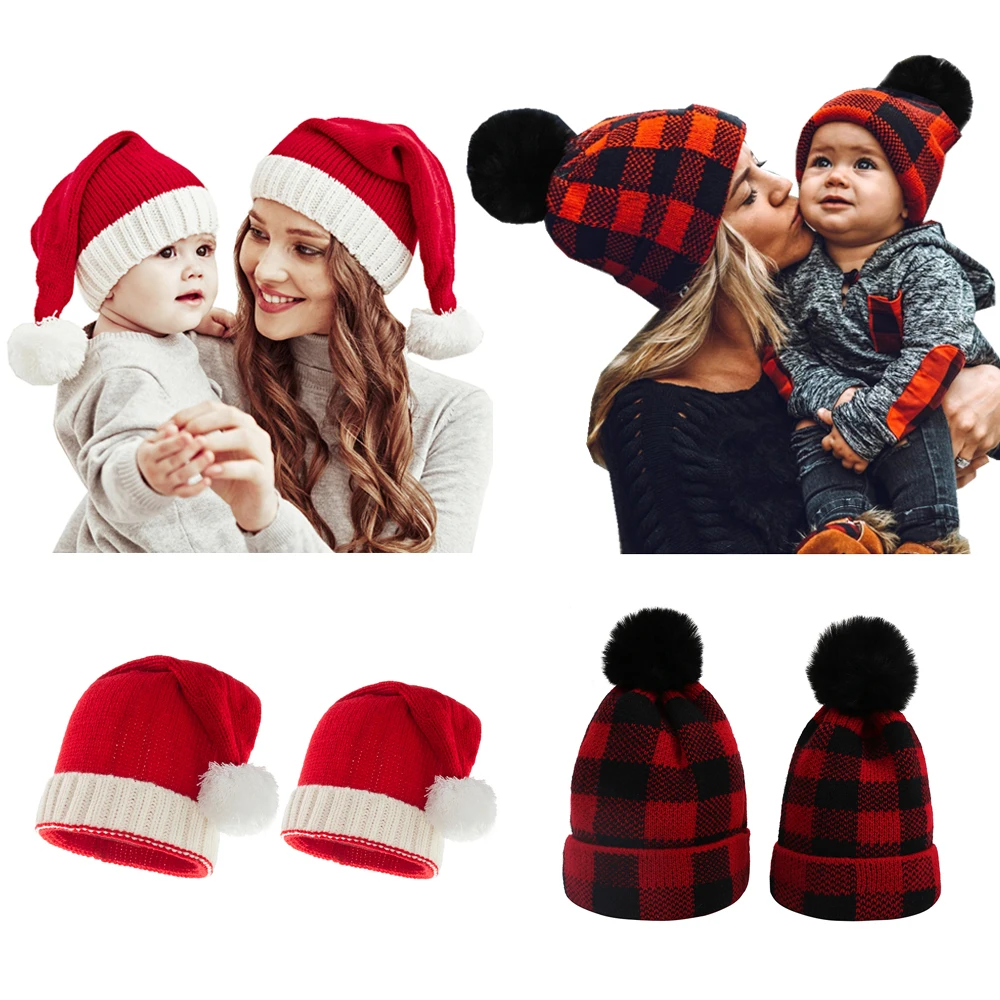 Christmas Mother Kids Hat for Girls Boys Winter Baby Beanie Pompom New Years Children Cap Baby Knitted Hats Accessories