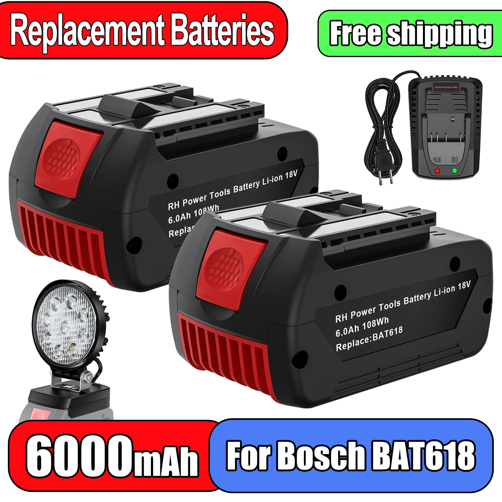 

6000mAh For Bosch 18V Battery BAT618 Rechargeable Lithium Battery For Bosch BAT609 BAT610G Tools Batteries Charger Accessories