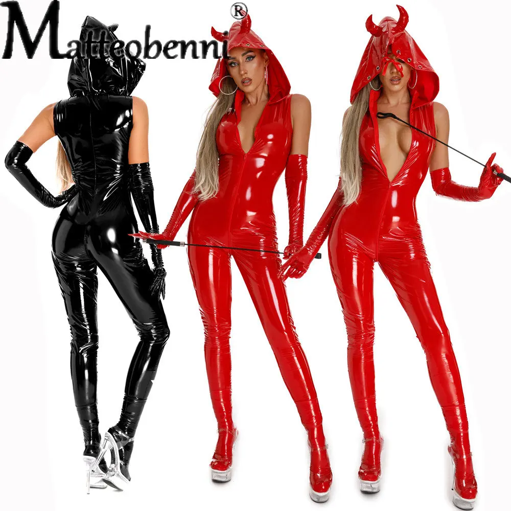 

Women Sexy Latex hooded Jumpsuit PVC Faux Leather Wetlook Catsuit Hot Exotic Costumes PU Lingerie Body Suit Clubwear Overalls