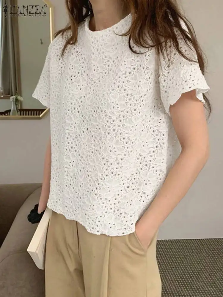 ZANZEA Women Hollow Out Tunics Vintage Crochet Lace Blouse 2024 Summer Short Sleeve Round Neck Blusas Casual Loose Solid Tops