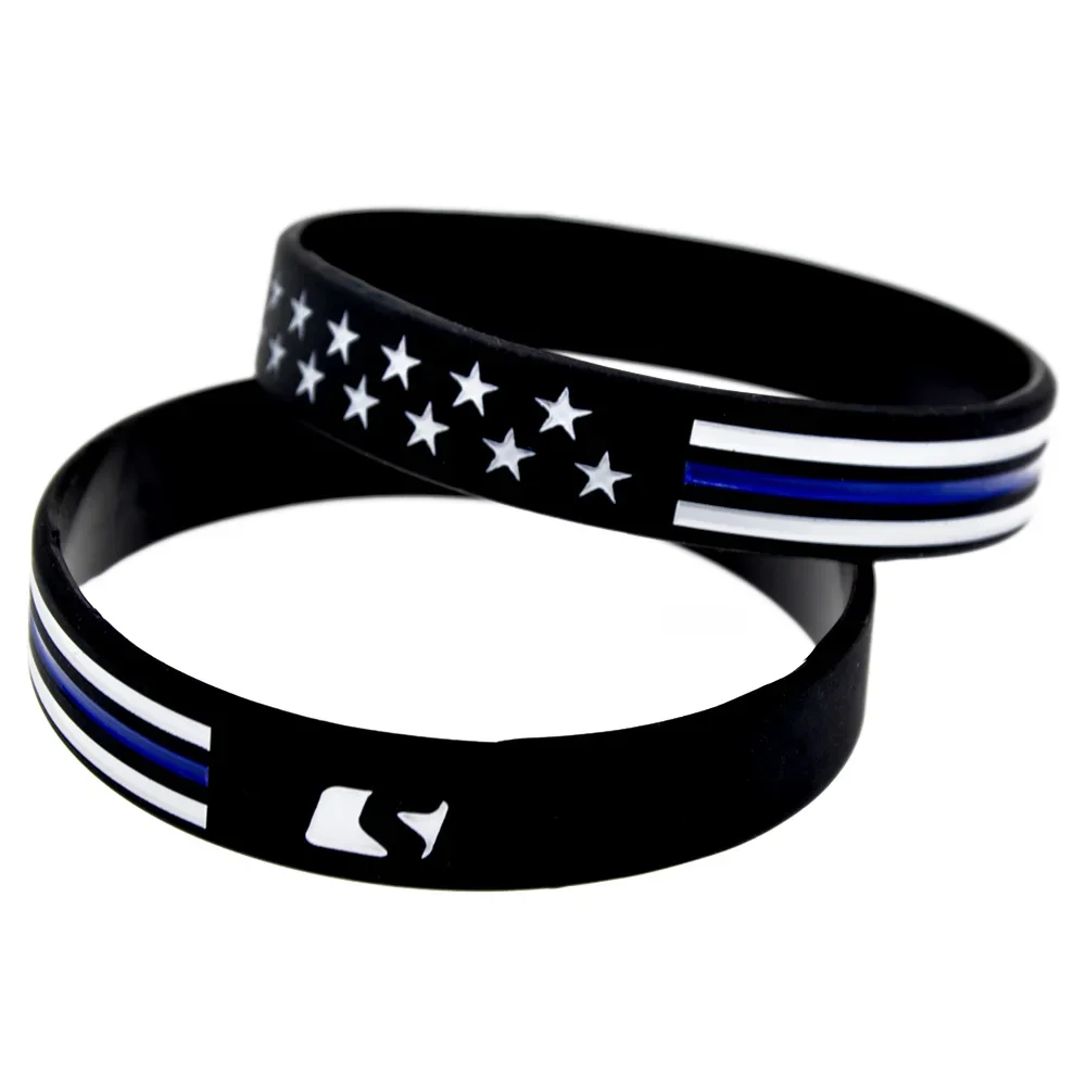 50 Stück dünne blaue Armbänder mit US-Flaggenmuster aus Silikon, zur Unterstützung von Polizei und Strafverfolgungsbehörden, strapazierfähige, dehnbare Armbänder. – Detail 2