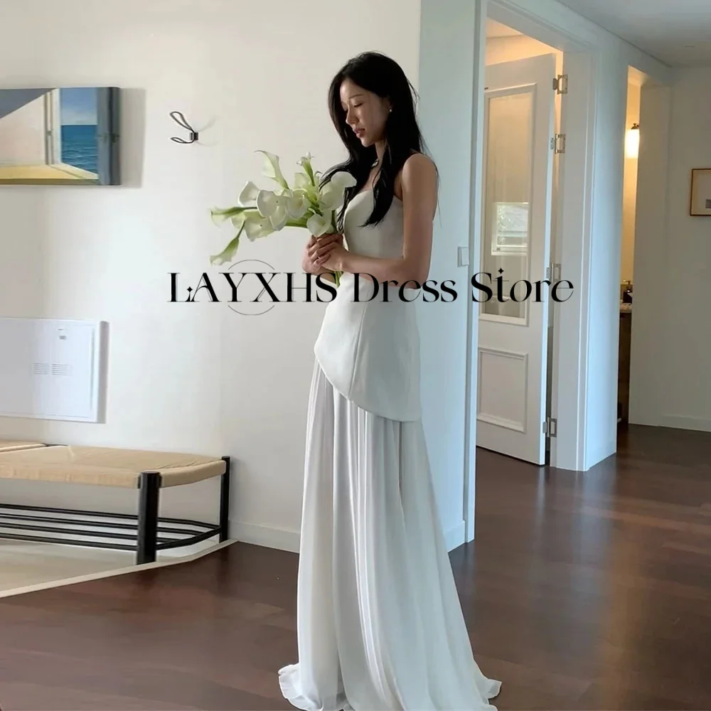 فساتين زفاف بسيطة بدون حمالات كوريا مطوي من الساتان الناعم لالتقاط الصور بطول الأرض فساتين زفاف مخصصة للحفلات المسائية #1