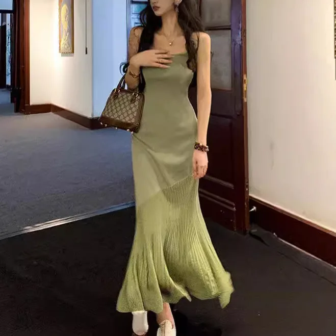 

7555 Summer 14-Needle French Pure Desire Square Neck Adjustable Backless Patchwork Transparent Mermaid Strap Dress For Women