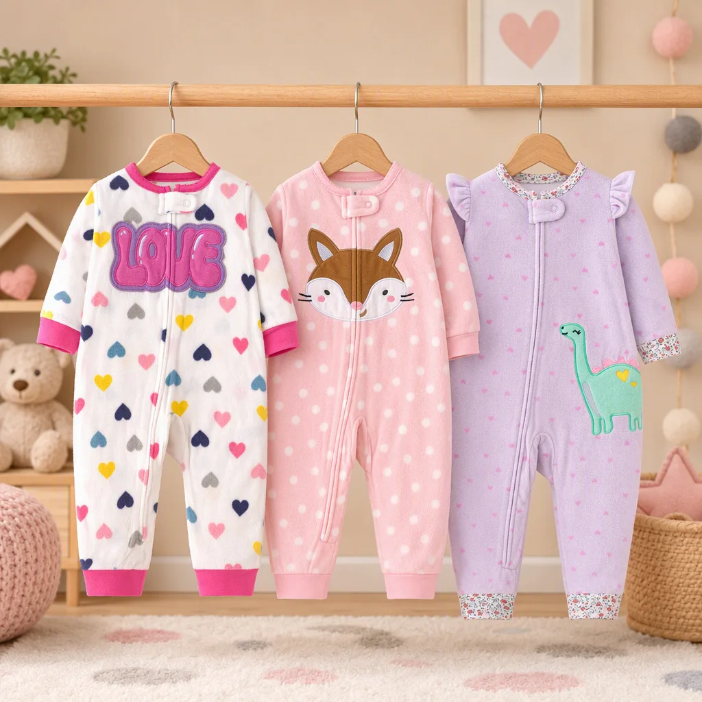 Infant Girls Polar Fleece Zip Romper Cartoon Fox Dino Letter Embroidery Heart & Polka Dot Print Warm Autumn Winter Baby Jumpsuit