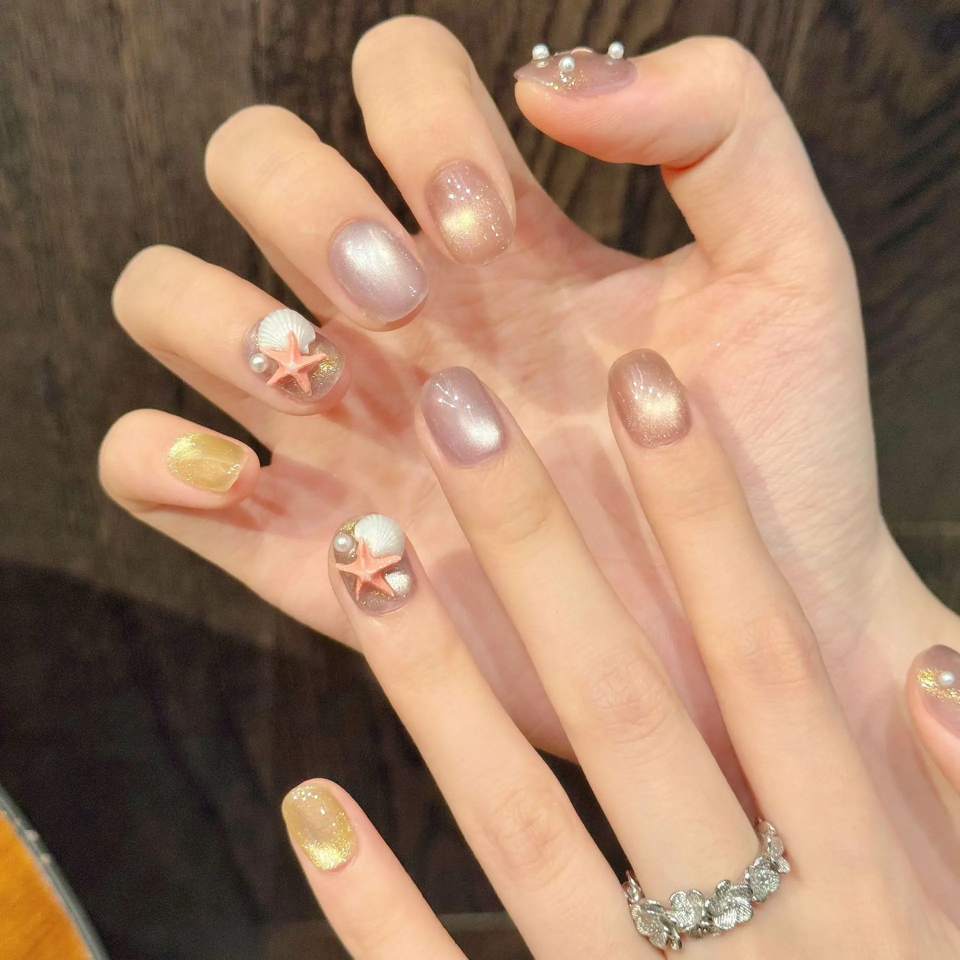 10 Uds. De uñas postizas con ojos de gato y purpurina, uñas postizas redondas cortas y bonitas, reutilizables, hechas a mano, decoración de perlas de estrella de mar, prensa en las uñas