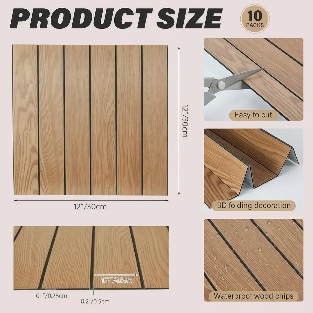 10pcs 30X30cm PVC Wood Grain Wall Stickers, Self-Adhesive Peel and Stick Wall Tiles, Removable Striped Faux Wood Wall Panels view 3