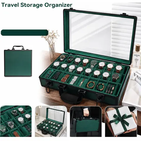 Large Tray Green Aluminum Watch Box for Men Transparent Display Travel Storage Holder Premium Luxury Gift Case