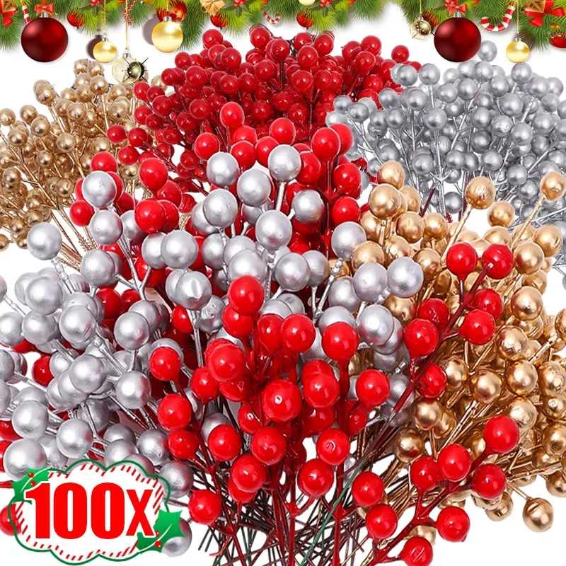 Artificial Christmas Red Berries Branches 7 Heads Holly Berry Stems DIY Crafts Wreath Xmas Tree Decorations New Year Party Decor