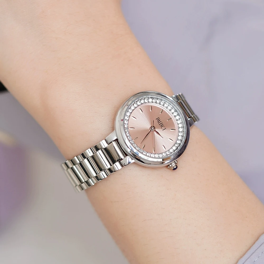 

Элегантные розовые женские часы, водонепроницаемые женские японские кварцевые часы из нержавеющей стали, модные наручные часы с кристаллами и циферблатом 28 мм, подарок