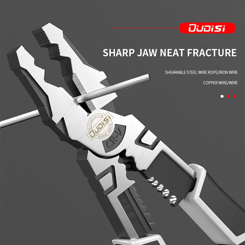 8/9 inch multifunctional wire stripper: it can strip wires, cut wires, screw water pipes, press terminals, etc., and can be used for electricians, families, construction sites, industrial electrician pliers, power supply workers and families.