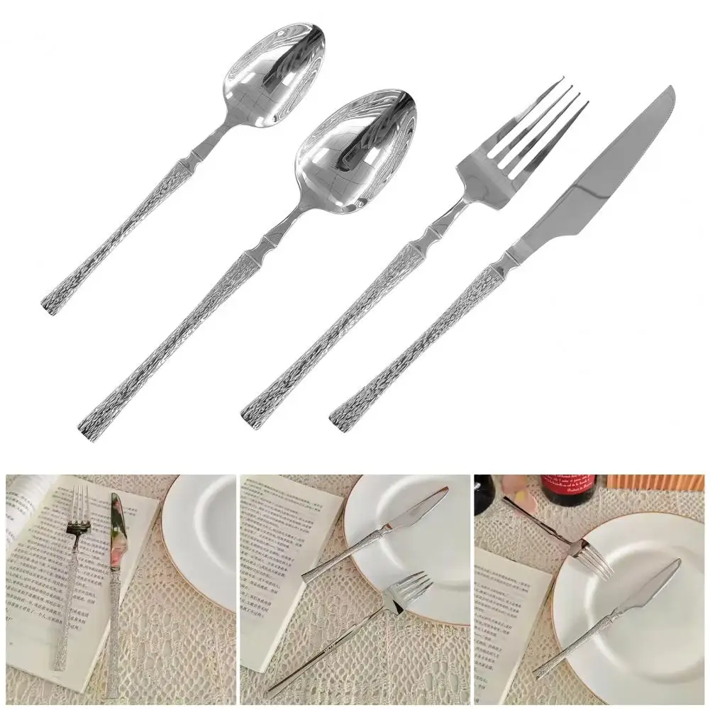 French Style Cutlery 304 Stainless Steel Hammered Texture Tableware Non-Slip Handle Small Waist Design Serrated Knife Sharp Fork