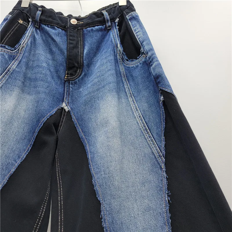 SuperAen European and American-style High Street Design Patchwork Washed Denim Pants for Women Loose Full Length Wide-leg Pants
