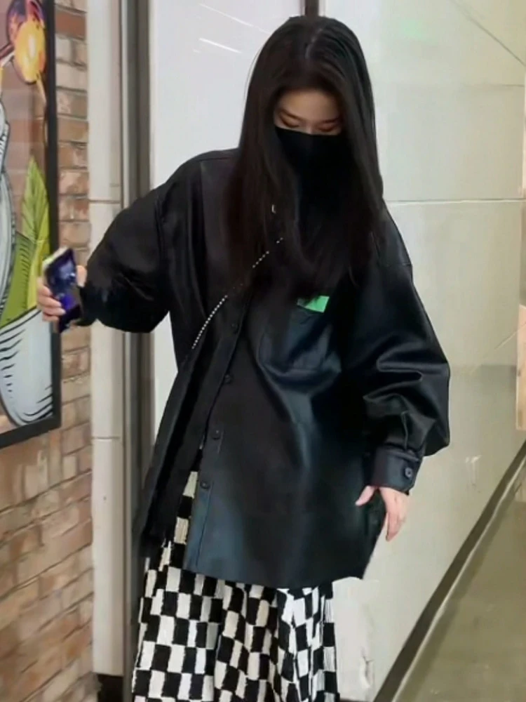 Korea Longgar Kulit Imitasi Wanita Musim Gugur Kasual Hangat PU Moto Kemeja Jaket Pakaian Luar Perempuan Streetwear Mode Tipis Chic Mantel 2022