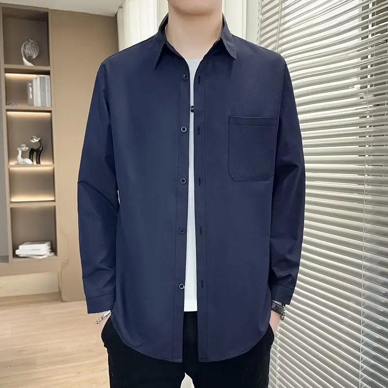 

Solid Color Simple Men Shirt Retro Cargo Light Casual Long Sleeved Loose Breathable Button Down Business with Pocket Shirt