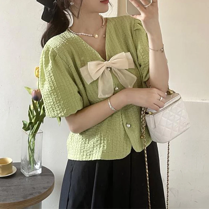 Women Stylish Bow Sweet Chic Luxury Beads Button Shirts Elegant V Neck Short Sleeve Blouses Female Solid Loose Kawaii Fairy Tops