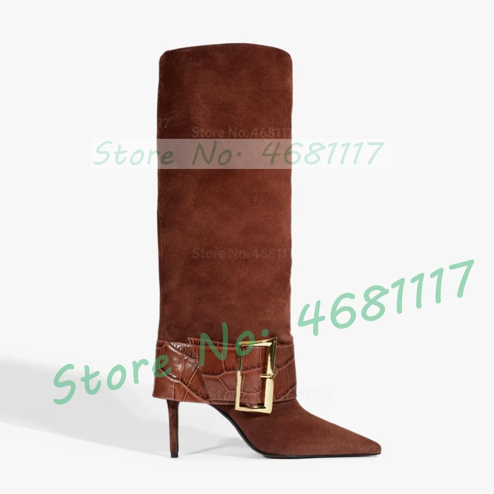 Brown Suede Wide Ankle Strap Tall Boots Women Trendy Pointed Toe Gold Big Buckle Stiletto Heels Female Crocodile Knee High Shoes