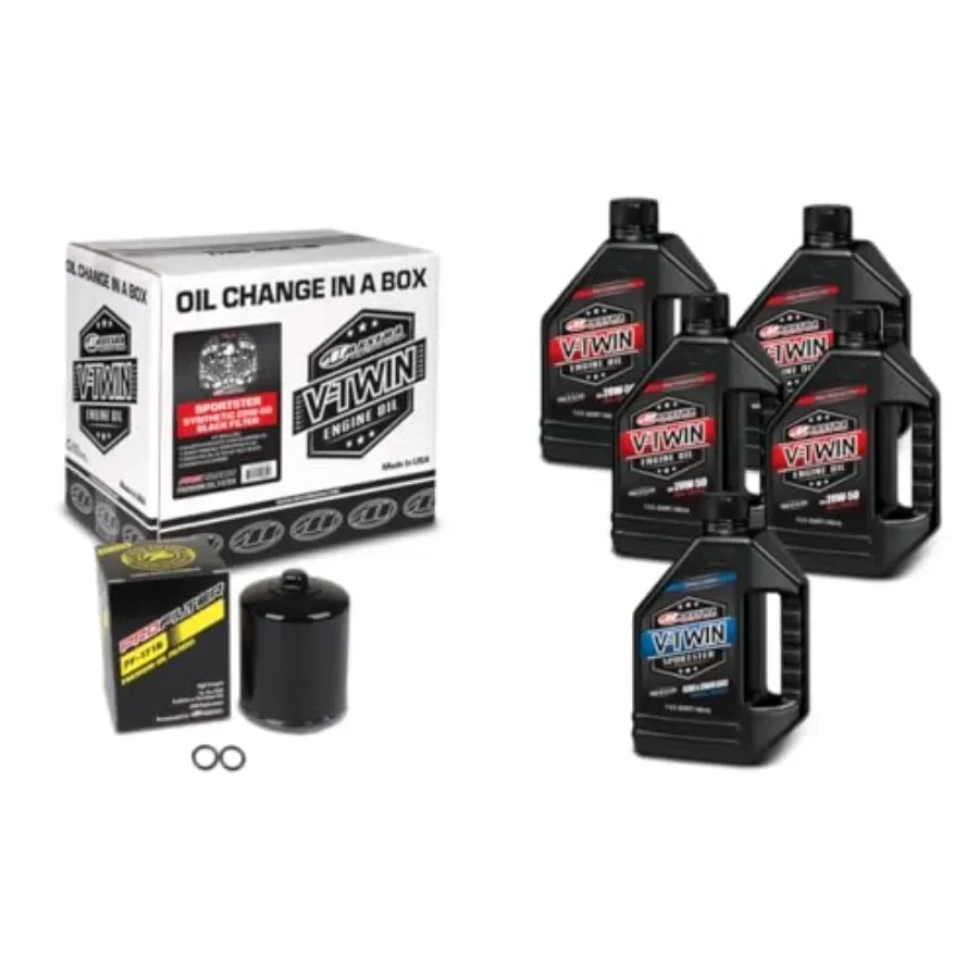 

V-Twin Oil Change Kit for Sportster: Synthetic Oil with Black Filter, High-Performance Drain Plug and Gasket Set