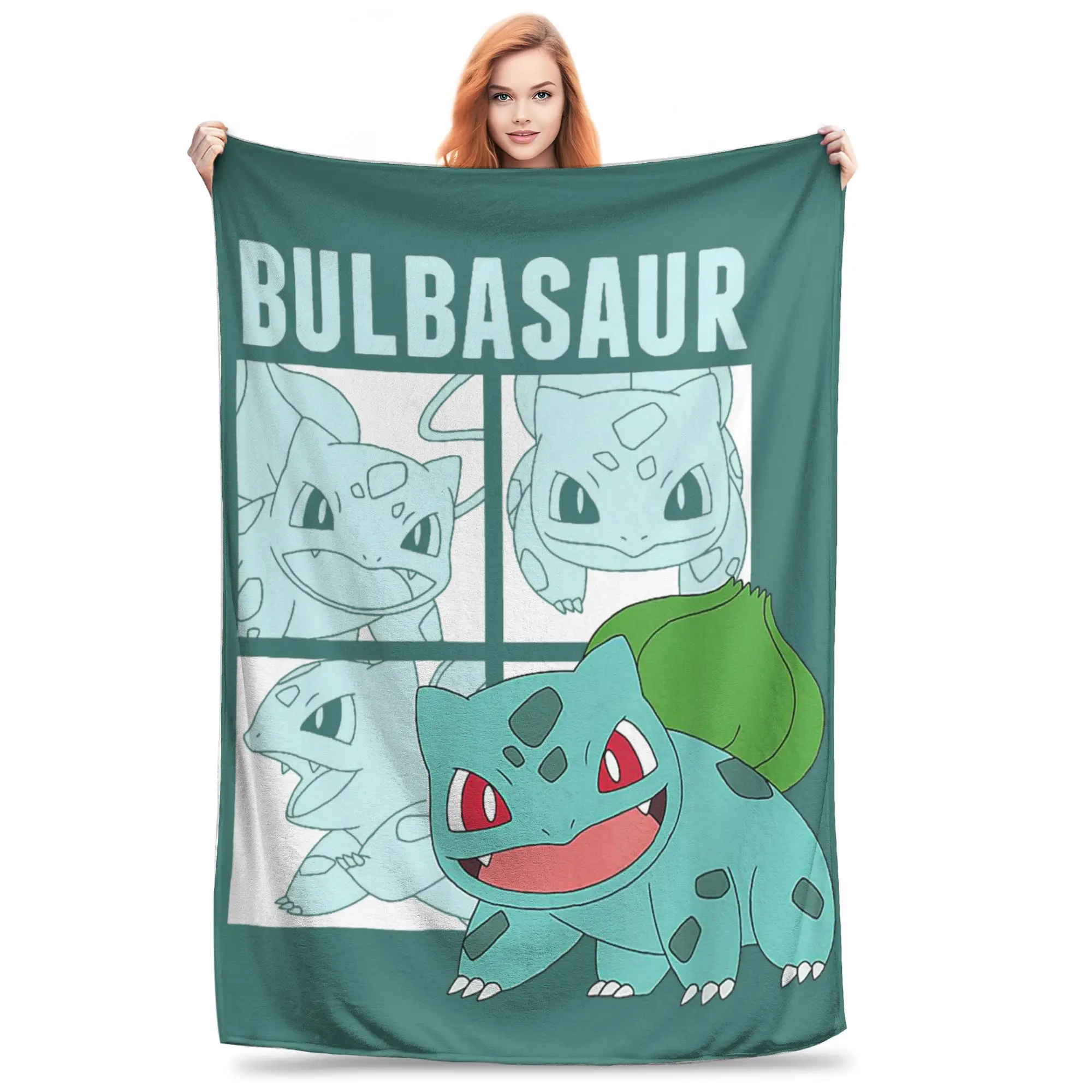 Pokemoned Bulbasaur Squares Fleece-Überwurfdecken, Decke für Zuhause, Schlafzimmer, superweiche Tagesdecke,