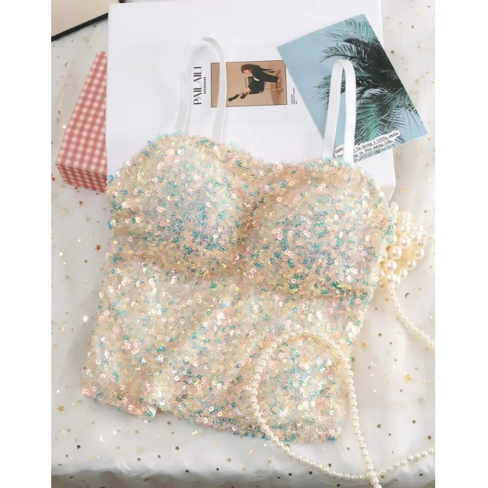 Shiny Sequin Sequin One-Piece Tank Top Fixed Wrap Chest Short Backless Vest High Elasticity Underwear Base Layer Vest Top Outing