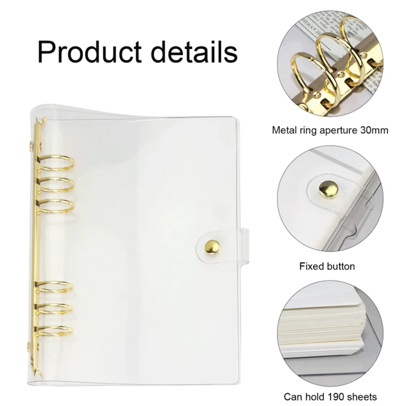 A6 A5 Transparent Loose Leaf Binder Notebook Gold plating Inner Core Cover Note Book Journal Planner Office Stationery Supplies