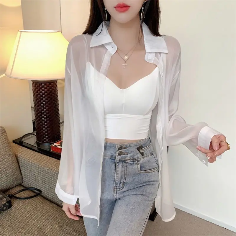 

Women Blouses Solid Wear Early Spring Thin Pure Shirt Split Back Loose Sunscreen Long-sleeved Shirt Polo Collar Female Clothing