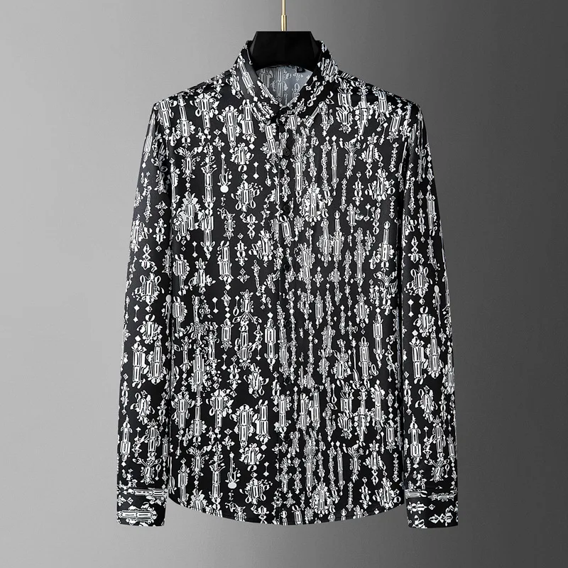 

2026 Spring Summer Vintage Printed Long Sleeved Shirt for Men Casual Business Formal Dress Shirts Social Party Streetwear Blouse