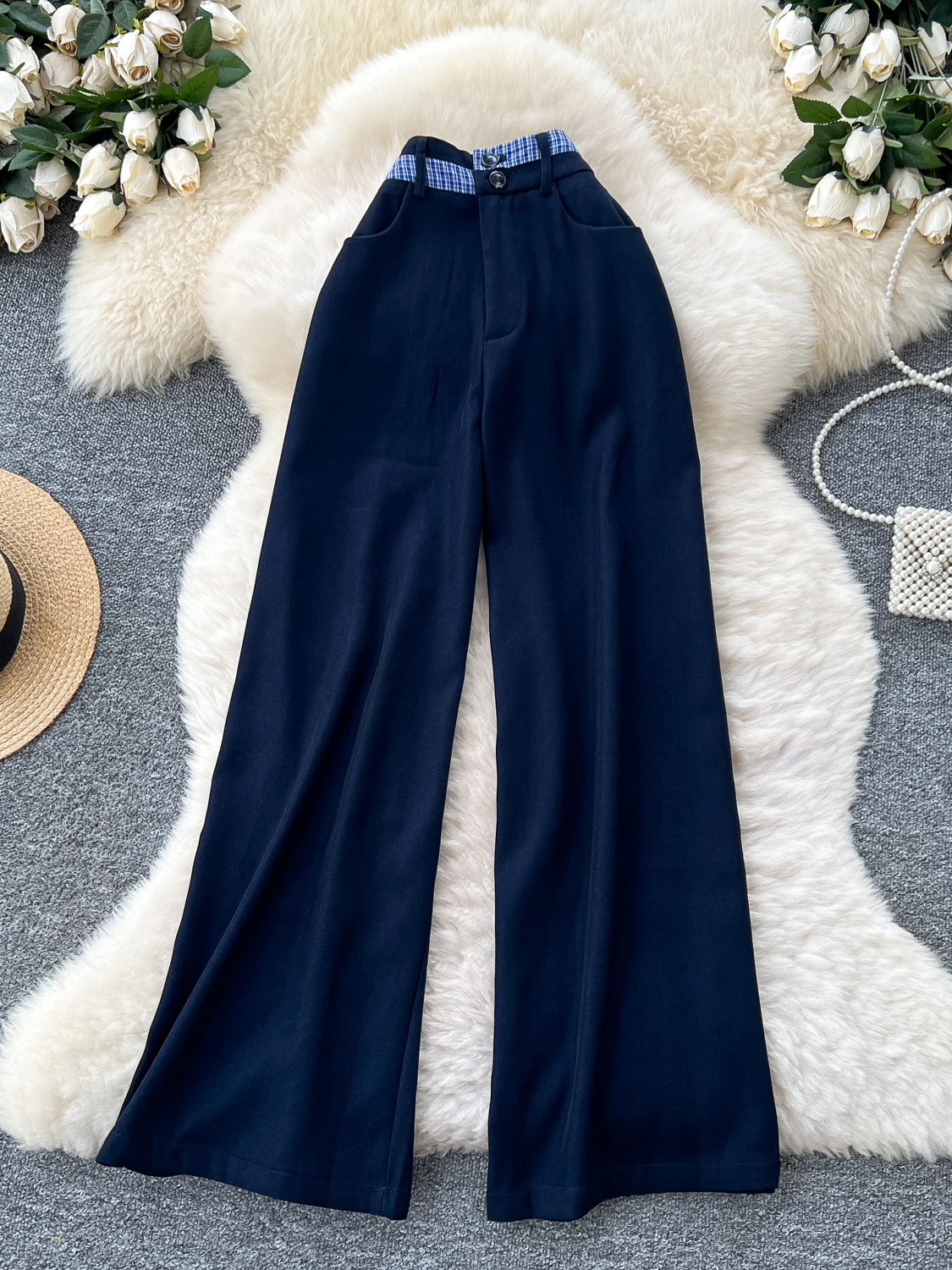 ハイウエストワイドレッグパンツ レディース ルーズ パッチワーク チェック柄 カジュアルスーツパンツ レトロ スタイル ハイウエスト ポリエステル繊維 レディースパンツ...