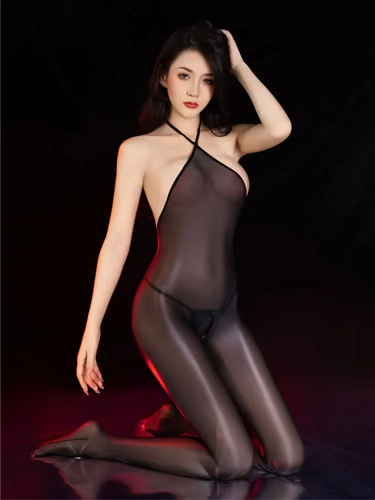 Ultra-บาง SHEER ดูผ่านเซ็กซี่ Jumpsuit เปิด Crotch สลิงบอดี้สูทผู้หญิงสี Candy น้ํามันเงาฤดูร้อนเต้นรําชุด