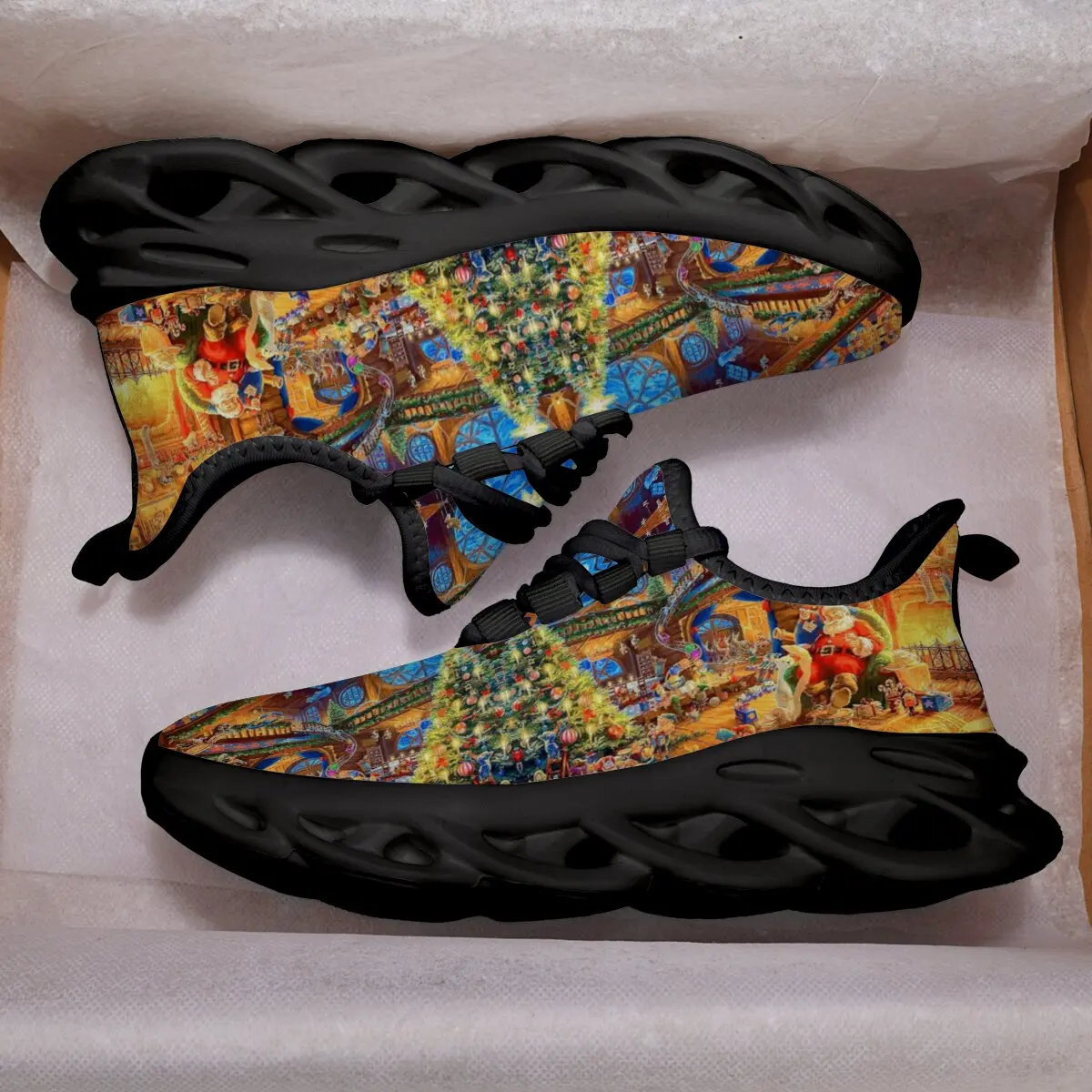 Sepatu Olahraga dengan Adegan Natal Santa Claus dan Pohon Natal, Sepatu Kasual Anak Perempuan, Sneaker Anak Laki-laki yang Bernapas, Sportschuhe Kinder