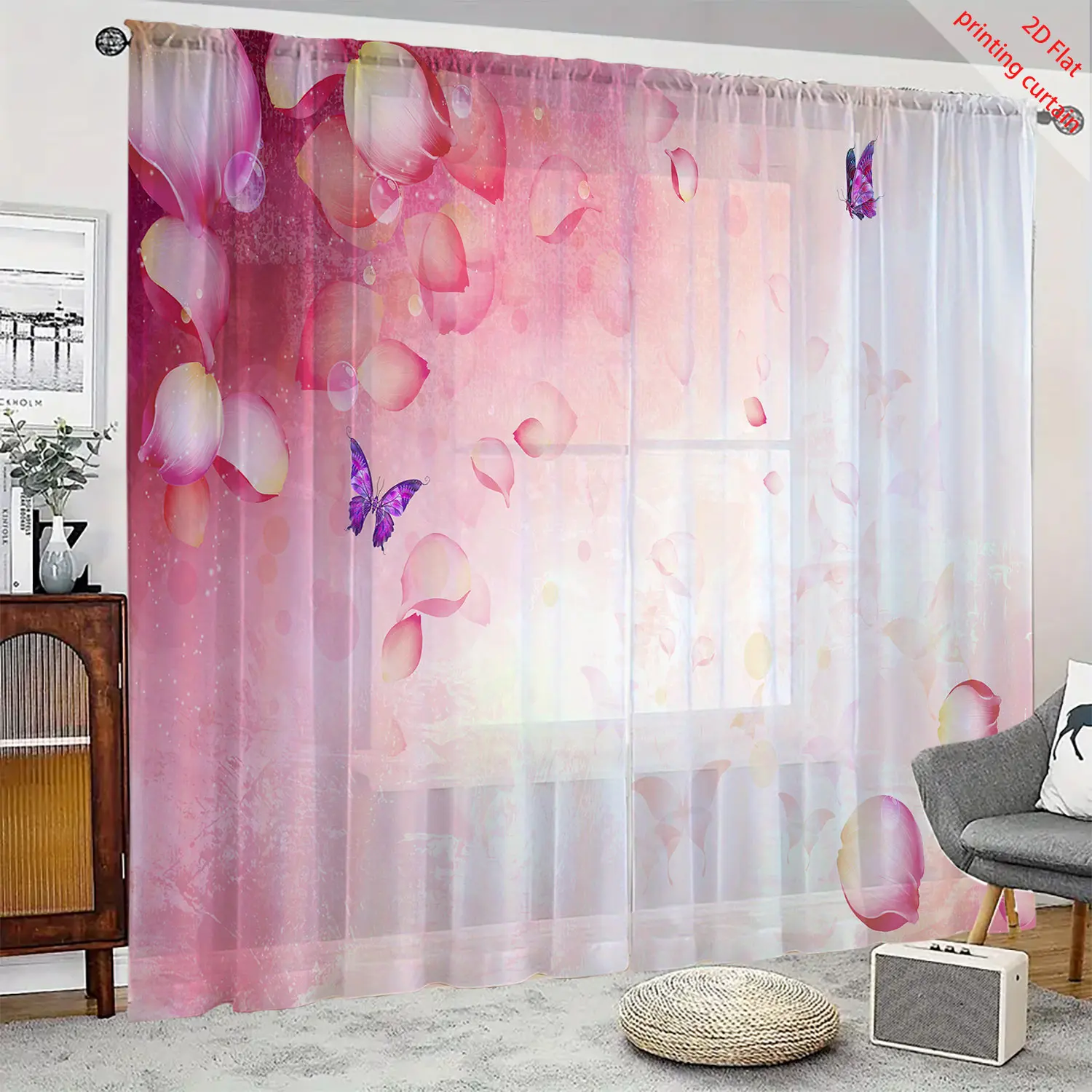 Flower, bird, butterfly printed transparent gauze curtain, romantic home, dormitory, bedroom, balcony, window decoration