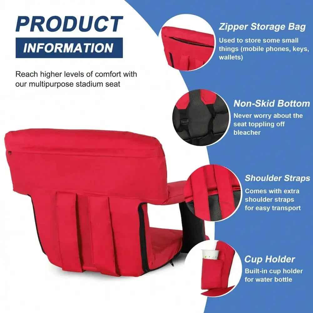 Stadium Seat Chair Bleacher Seats 5-Reclining Positions with Back Support Red