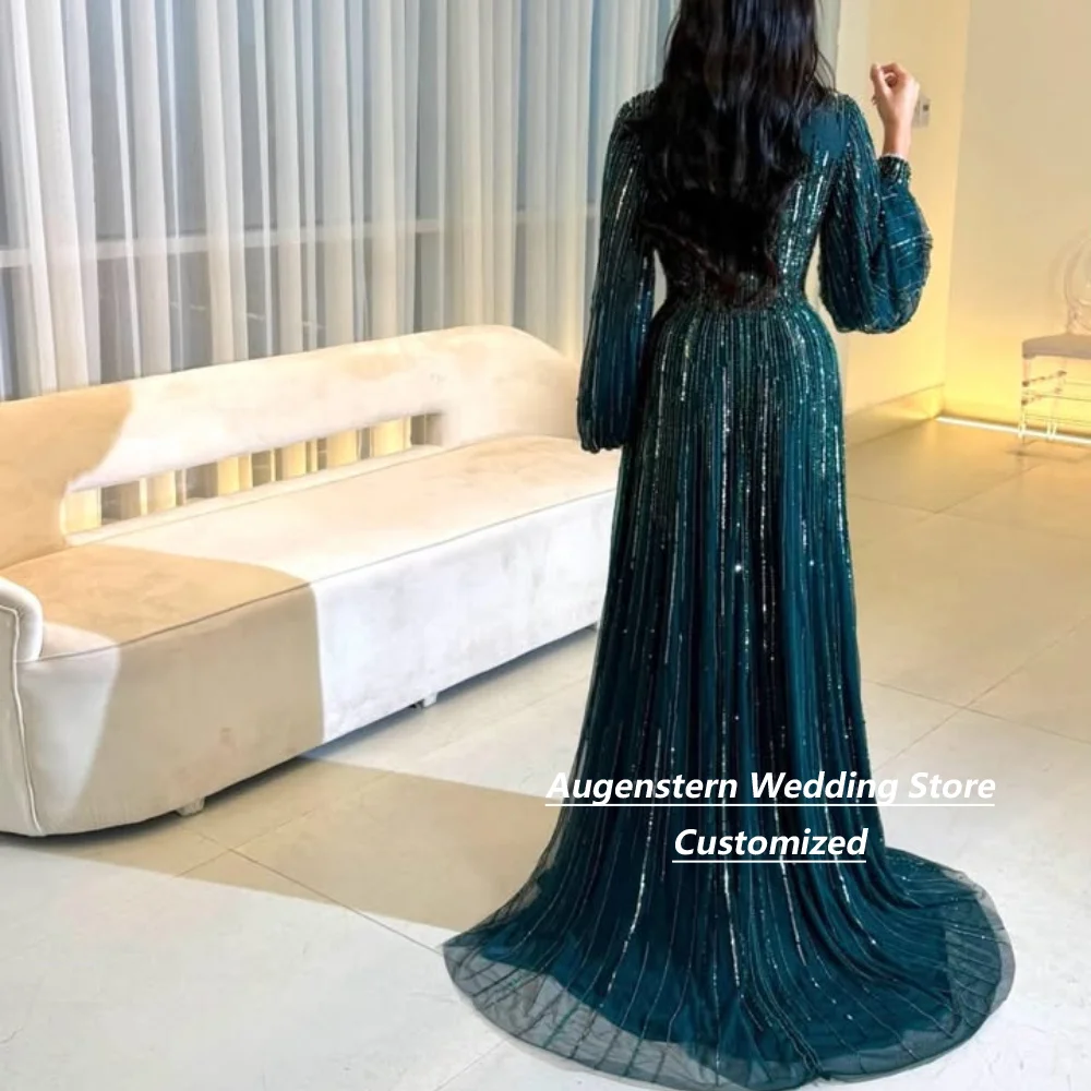Customized Emerald Green Mother Of The Bride Gown High Neck Puff Long Sleeve Beaded A-Line Tulle Evening Dress With Sweep Train