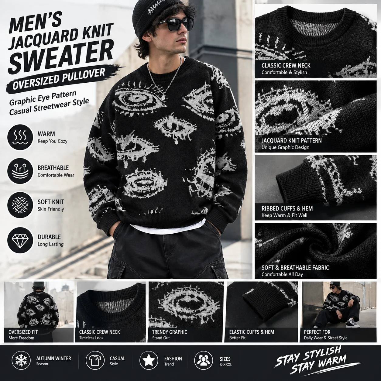 Mens Jacquard Knit Sweater Crew Neck Graphic Eye Pattern Oversized Pullover Casual Hip Hop Streetwear Autumn Winter