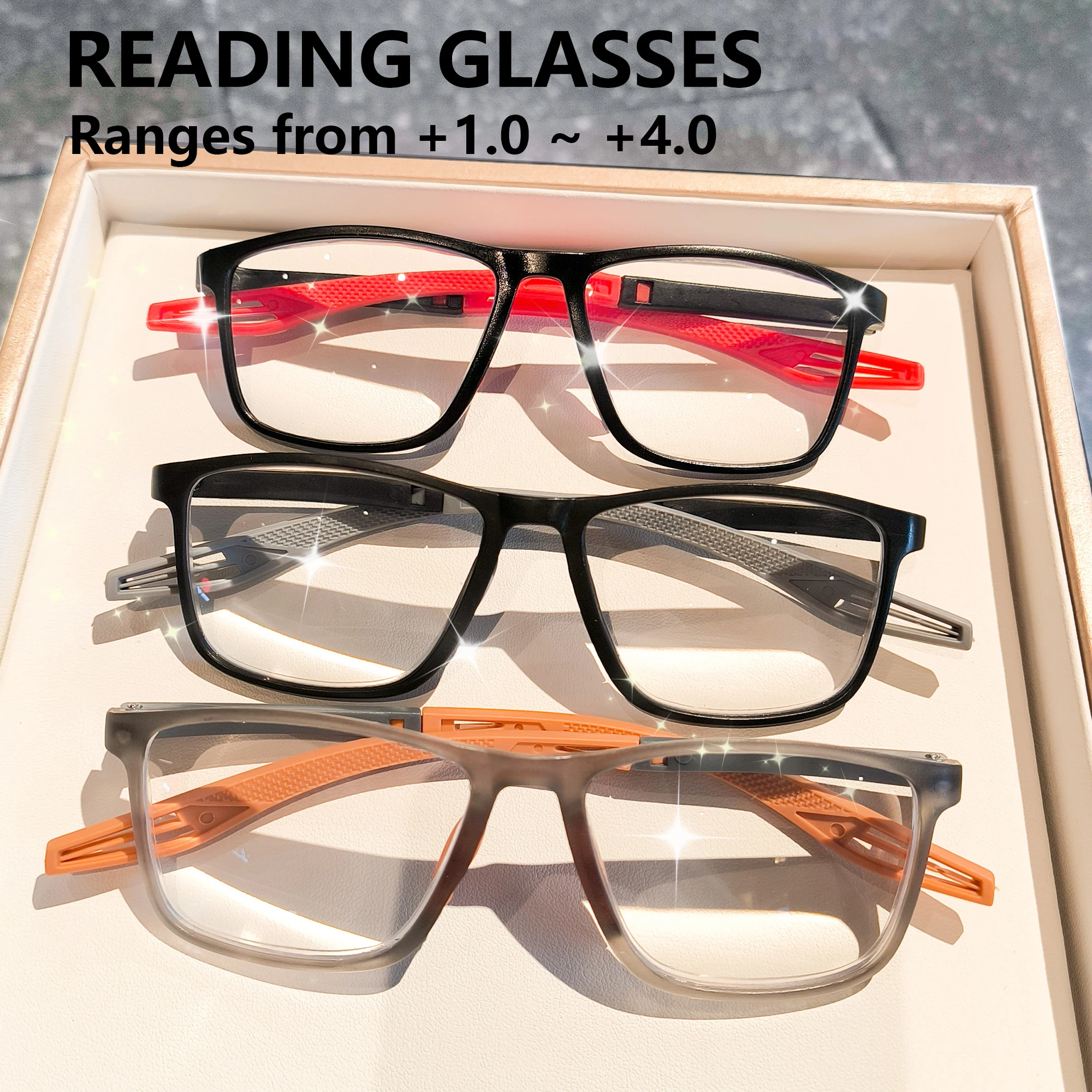 Lesebrille im Sportstil für Männer und Frauen, leichter, flexibler Anti-Rutsch-Rahmen, Computerbrille (100 bis +400)