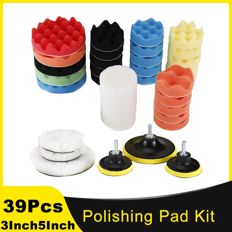 

3Inch 5Inch Polishing Pad Kit 39 Pcs Premium Material with Wool and Foam Pad for Car Waxing and Polishing Detailing Attachment