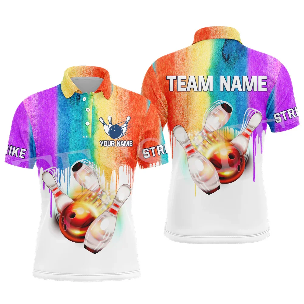 

Custom Name Flame Bowling Ball Tattoo Vintage Button T-Shirt 3DPrint Summer Polo Jersey Shirts Harajuku Casual Short Sleeves A3