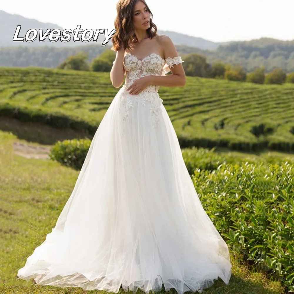 

Pastoral A Line Wedding Dresses Lace Appliques Tulle Off Shoulder Bride Dress Sweetheart Backless Bridal Gown Vestido De Novia