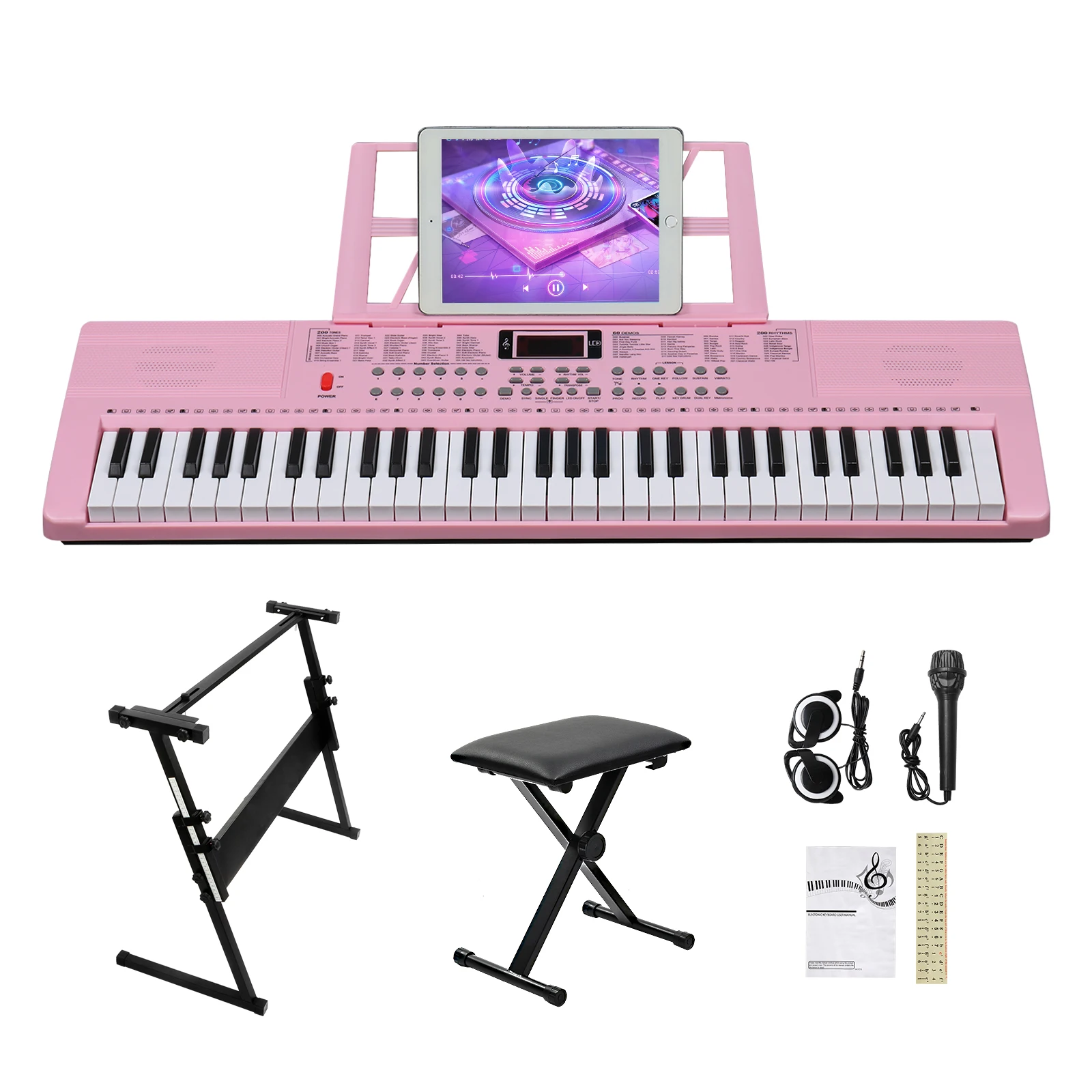 

61 Key Lighting Keyboard with Piano Stand, Piano Bench, Built In Speakers, Headphone, Microphone, Music Rest, LED Screen