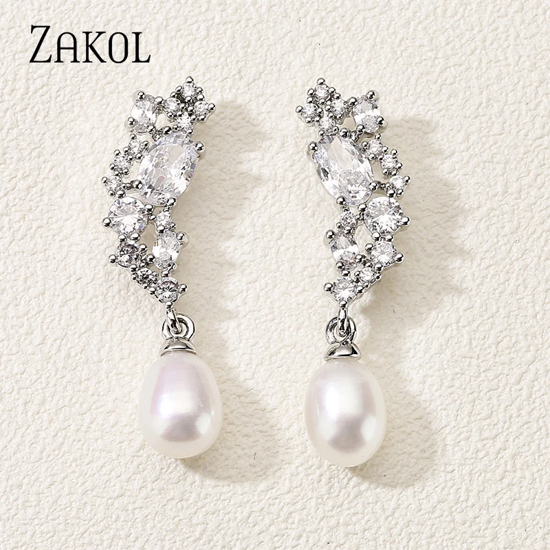 ZAKOL New Elegant AAA Cubic Zirconia CZ Statement Earrings for Women Female Luxury Pearl Earring Jewelry Accessories EP1157