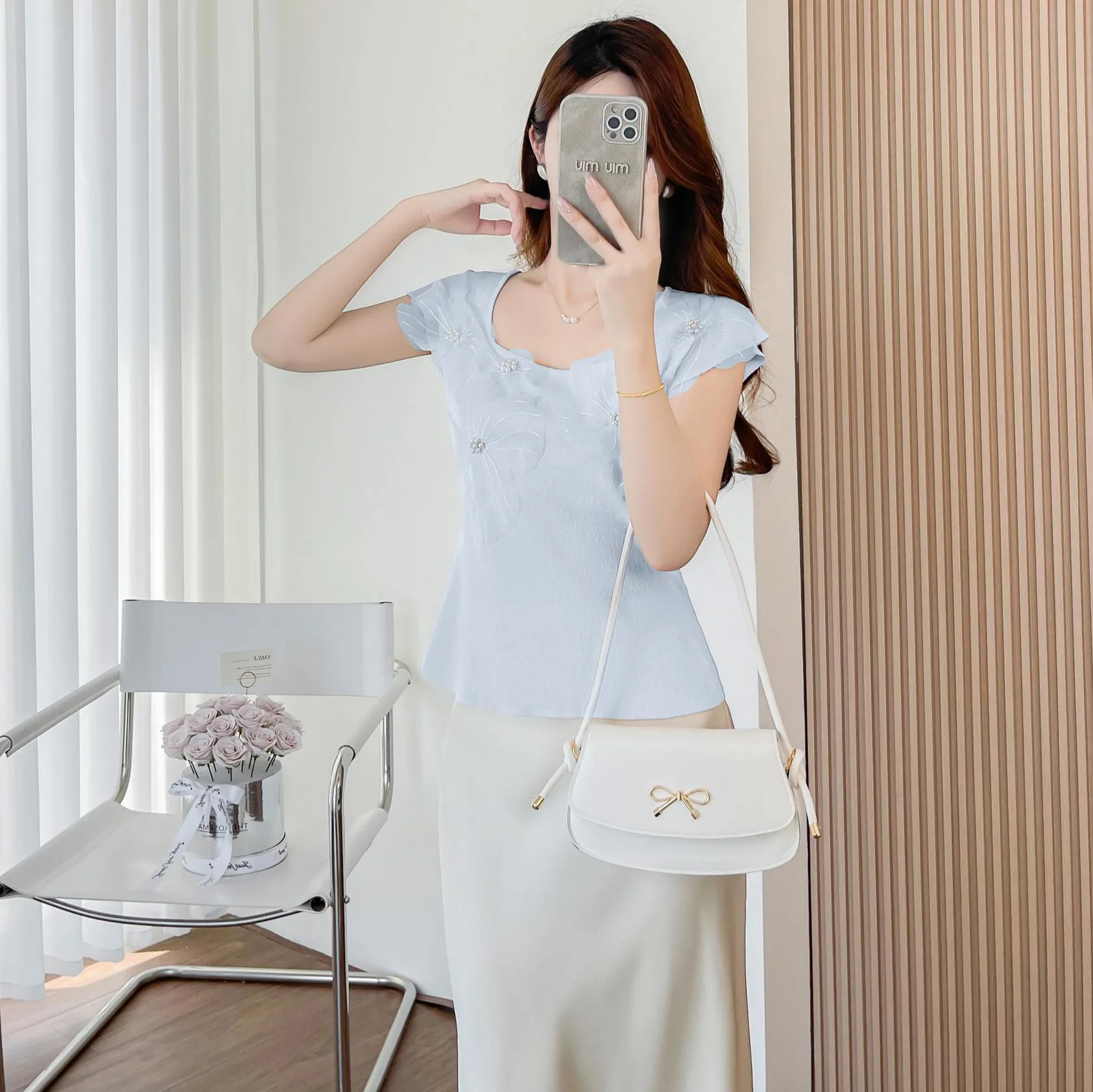 

Summer Slim Ice Silk T-shirt Women's Square Collar Short Sleeve Top Knitted Solid Causal Versatile Top Female Sexy Pullover D779