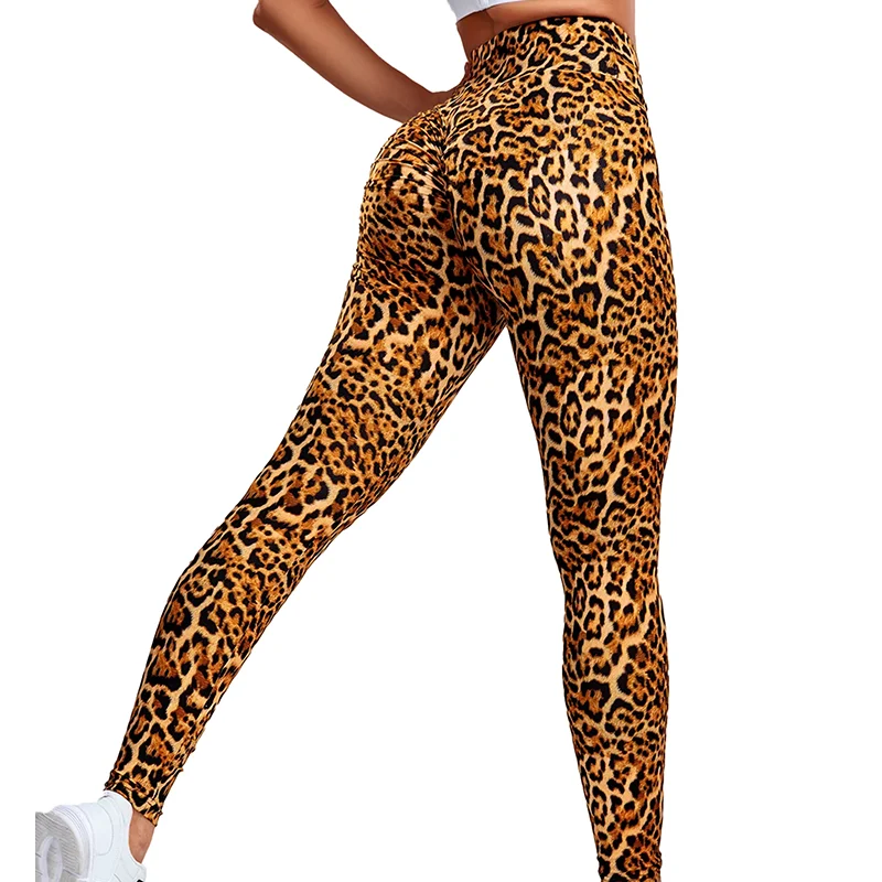 Damskie legginsy z wysokim stanem w panterkę, seksowne modelujące pośladki, bezszwowe, obcisłe spodnie fitness, push-up, marszczone, odzież sportowa damska.