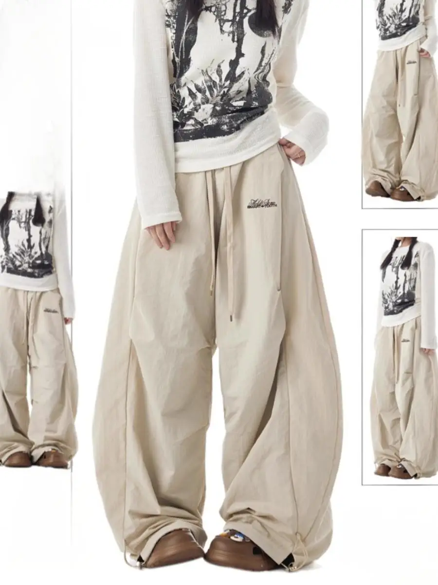 Parachute Pants Womens Adjustable Autumn Velvet Loose Fit Urban Street Style Cargo Outdoors Patchwork Drawstrings Halloween Chic
