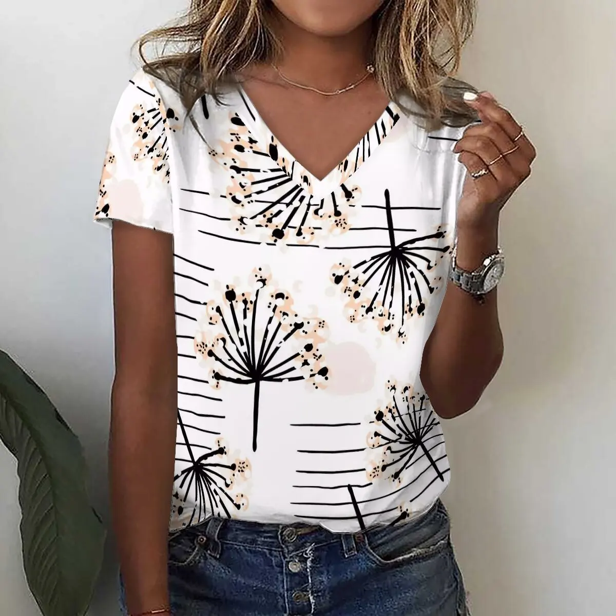 レディース3DタンポポプリントVネックTシャツ,特大トップス,原宿婦人服,カジュアルストリートウェア,サマーファッション,y2k