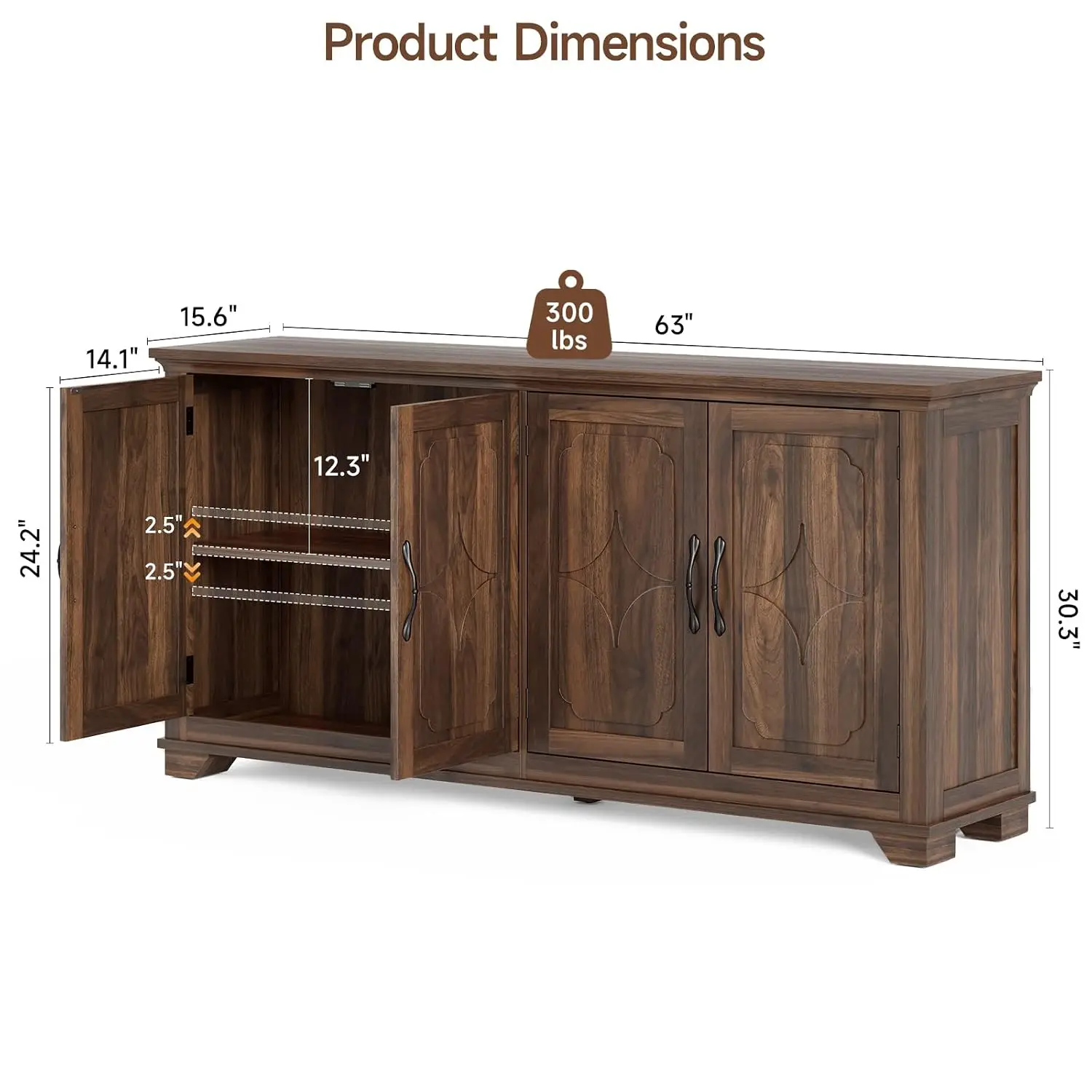 63 Inch Buffet Cabinet with Storage & 4 Carved Doors, Customized