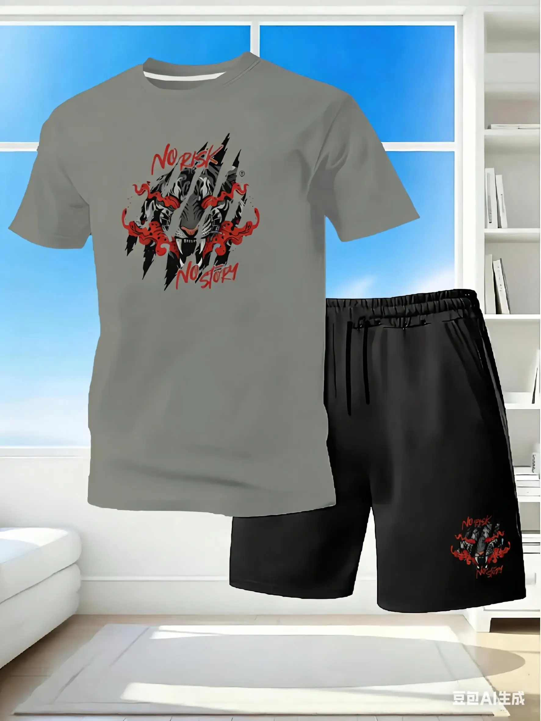 

Men's T-Shirt Shorts Moisture Wicking Athletic Outfit Streetwear 2Piece Quick Dry Tracksuit Set 'No Risk No Story' Tiger Graphic